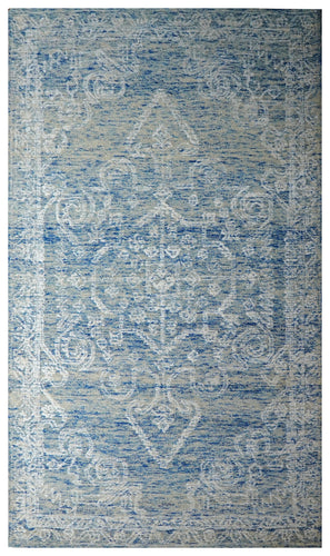 Blue Grey Vintage Damask Distressed Hand Tufted Wool Area Rug - Cut Pile Shabby Chic Custom Sizes