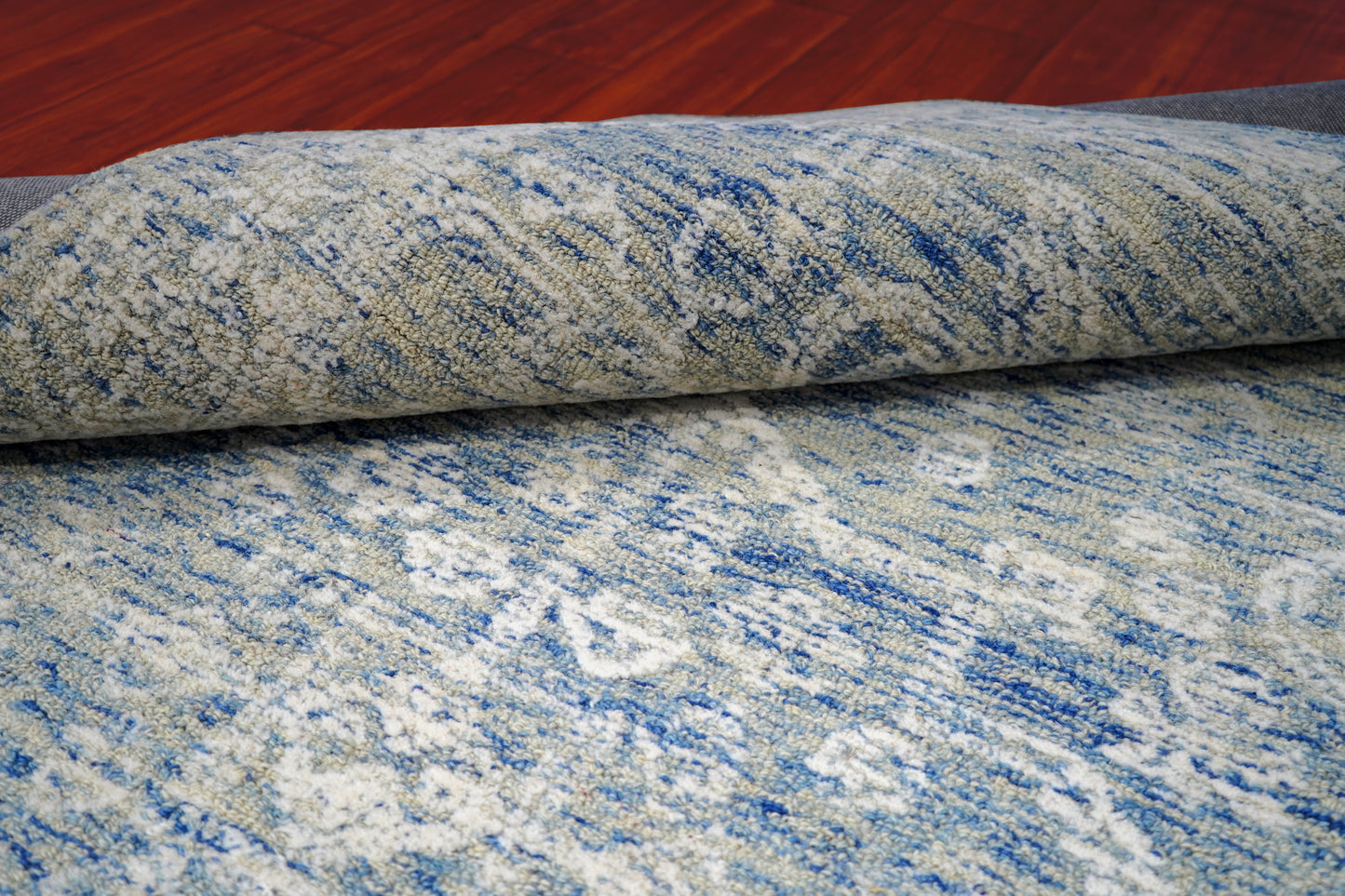 Blue Grey Vintage Damask Distressed Hand Tufted Wool Area Rug - Cut Pile Shabby Chic Custom Sizes