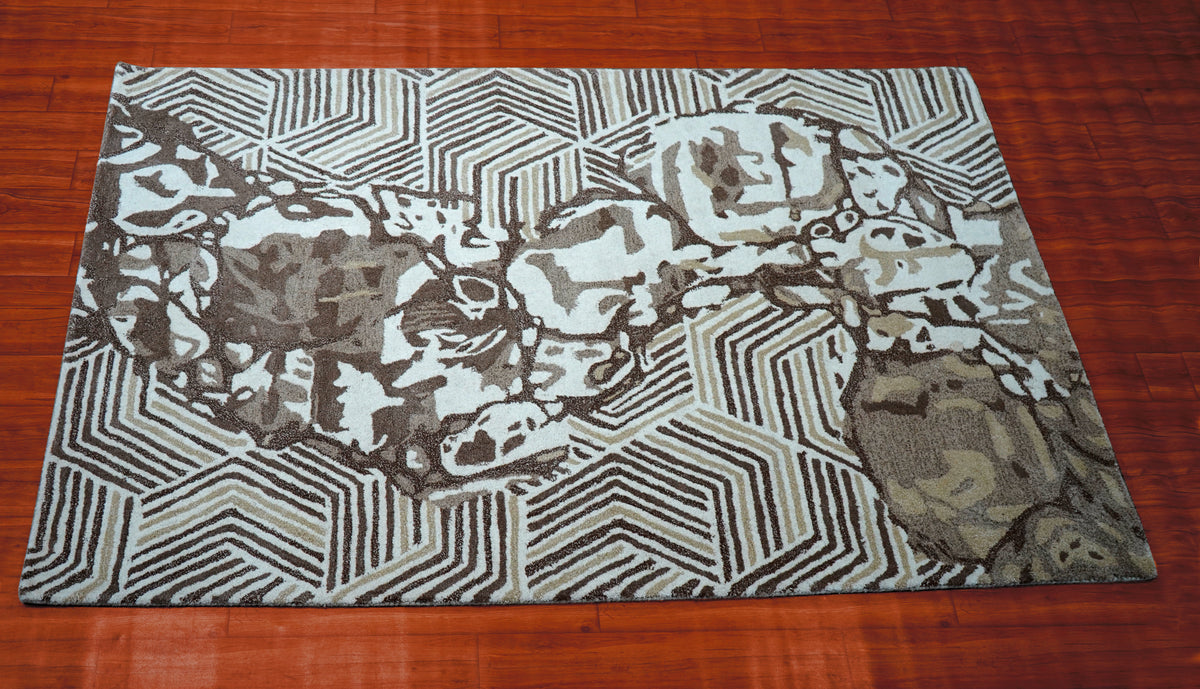 Aqua Grey Geometric Chevron Floral Hand Tufted Wool Area Rug - Cut Pile Contemporary Custom Sizes