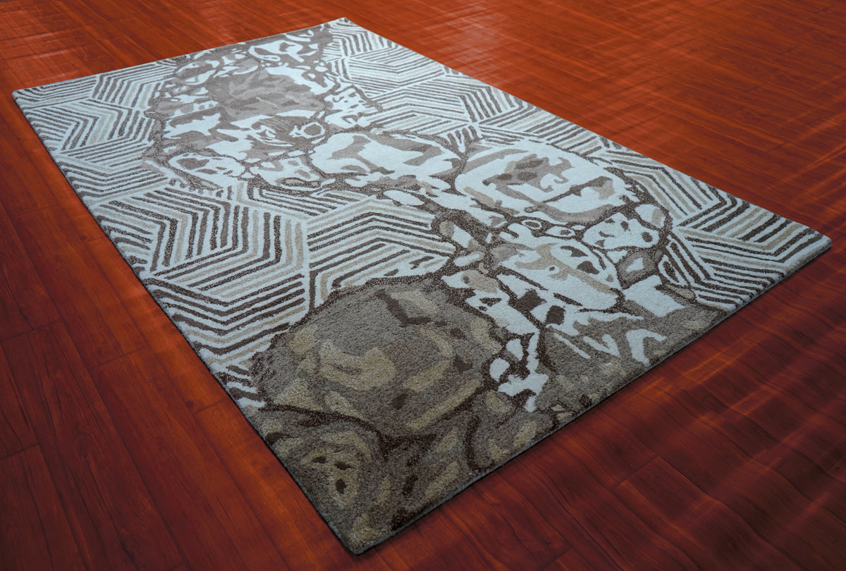 Aqua Grey Geometric Chevron Floral Hand Tufted Wool Area Rug - Cut Pile Contemporary Custom Sizes