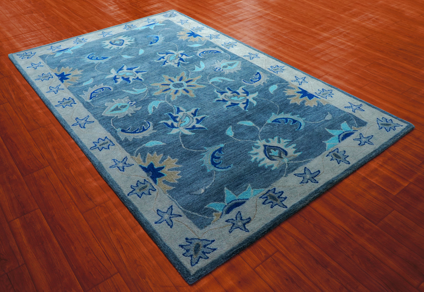Blue Grey Coastal Floral Starfish Border Hand Tufted Wool Area Rug - Cut Pile Nautical Custom Sizes
