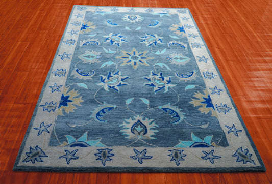 Blue Grey Coastal Floral Starfish Border Hand Tufted Wool Area Rug - Cut Pile Nautical Custom Sizes
