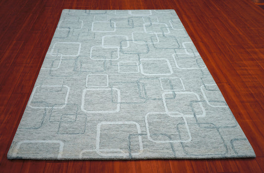 Mint Green Ivory Geometric Squares Hand Tufted Wool Area Rug - Cut Pile Modern Custom Sizes