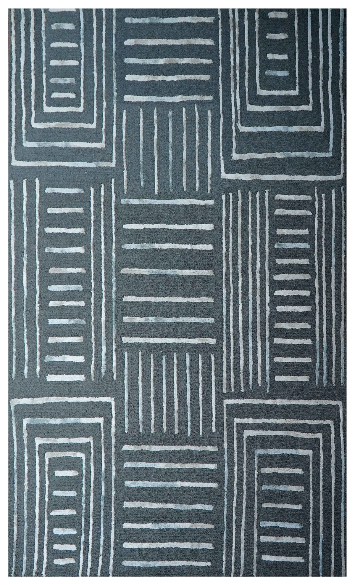 Grey Ivory Abstract Geometric Lines Panel Hand Tufted Wool Viscose Area Rug Cut Pile Contemporary Custom Sizes - Bulk Manufacturing Orders