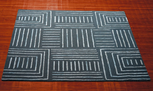 Grey Ivory Abstract Geometric Lines Panel Hand Tufted Wool Viscose Area Rug - Cut Pile Contemporary Custom Sizes