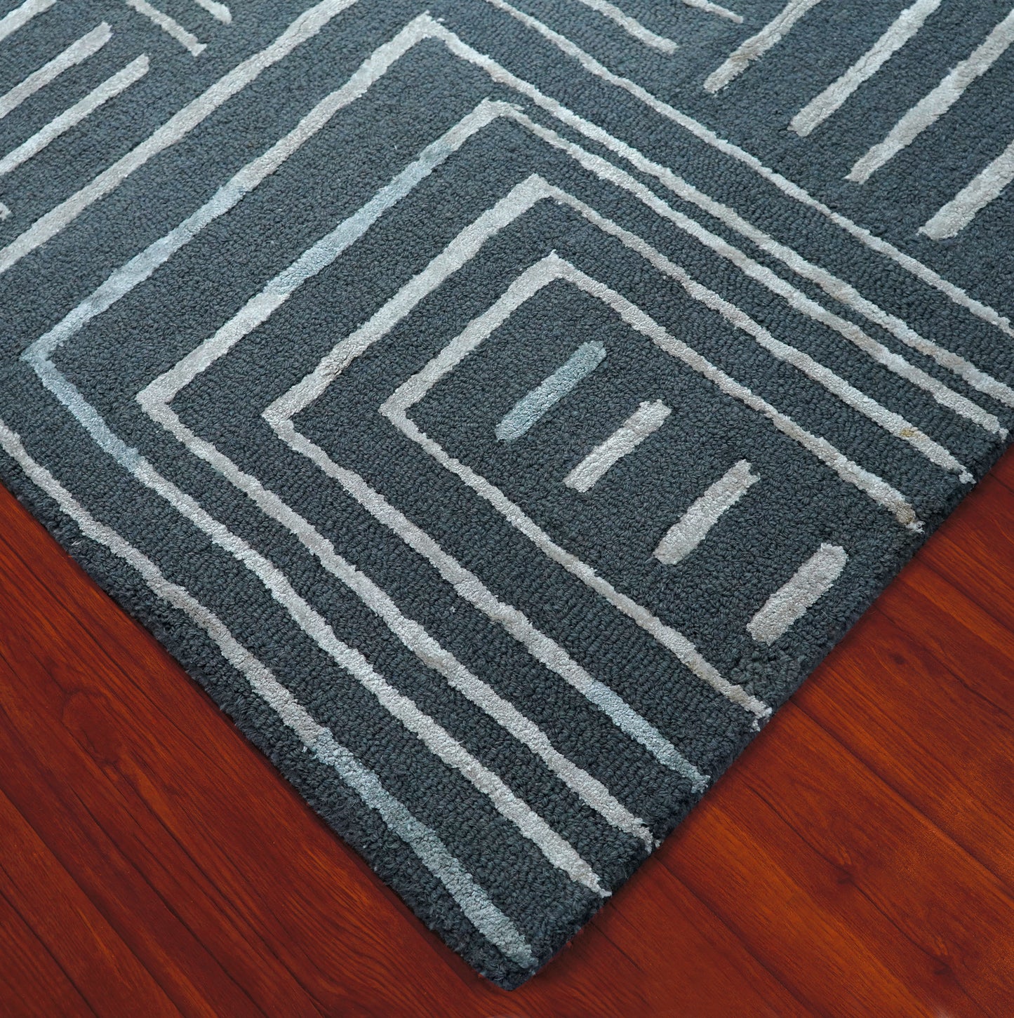 Grey Ivory Abstract Geometric Lines Panel Hand Tufted Wool Viscose Area Rug - Cut Pile Contemporary Custom Sizes