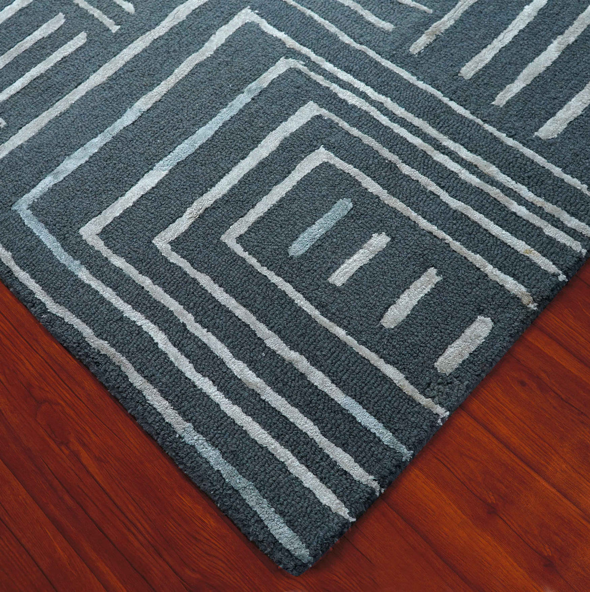 Grey Ivory Abstract Geometric Lines Panel Hand Tufted Wool Viscose Area Rug Cut Pile Contemporary Custom Sizes - Bulk Manufacturing Orders