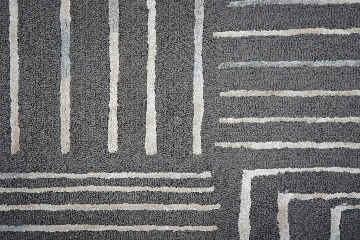 Grey Ivory Abstract Geometric Lines Panel Hand Tufted Wool Viscose Area Rug Cut Pile Contemporary Custom Sizes - Bulk Manufacturing Orders