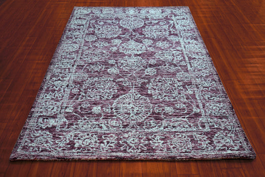 Purple Aqua Vintage Distressed Floral Border Hand Tufted Wool Area Rug - Cut Pile Traditional Custom Sizes
