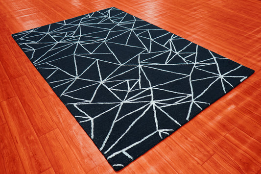 Navy Blue Ivory Abstract Geometric Web Lines Hand Tufted Wool Viscose Area Rug - Cut Pile Contemporary Custom Sizes