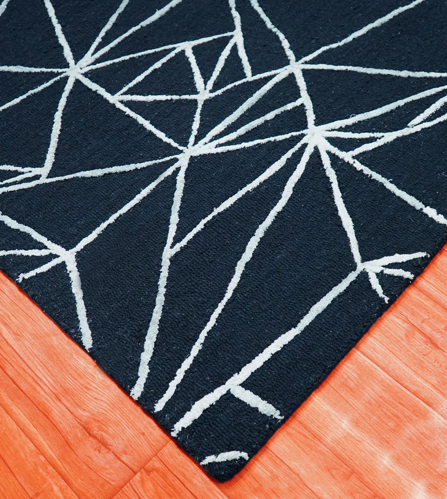 Navy Blue Ivory Abstract Geometric Web Lines Hand Tufted Wool Viscose Area Rug - Cut Pile Contemporary Custom Sizes