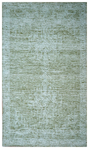 Green Beige Vintage Distressed Medallion Hand Tufted Wool Area Rug - Cut Pile Traditional Custom Sizes