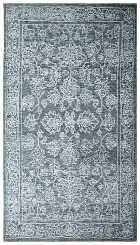 Teal Green Vintage Distressed Floral Border Hand Tufted Wool Area Rug - Cut Pile Traditional Custom Sizes
