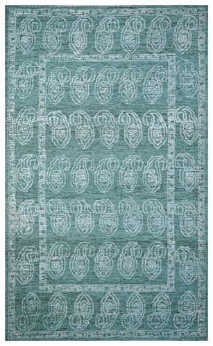 Teal Green Vintage Medallion Border Hand Tufted Wool Area Rug - Cut Pile Traditional Custom Sizes