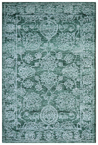 Green Teal Vintage Distressed Medallion Border Hand Tufted Wool Area Rug - Cut Pile Traditional Custom Sizes