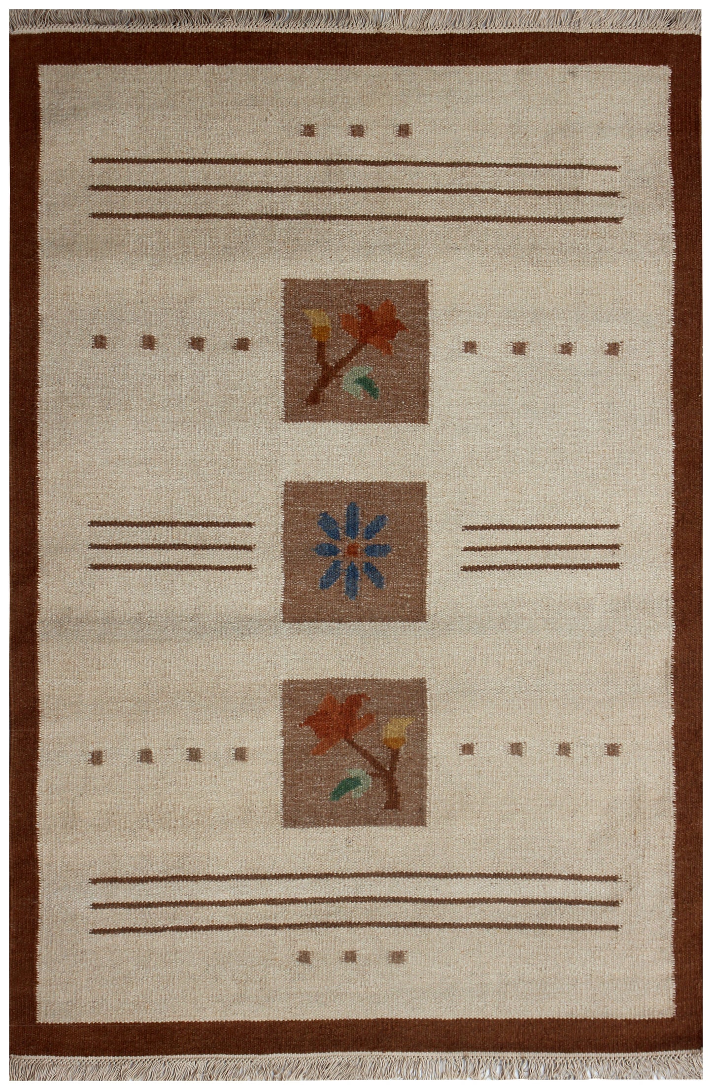 Handwoven Modern Geometrical Floral Block 4.6x6.6 Beige & Tan Flatweave Durry Rug.