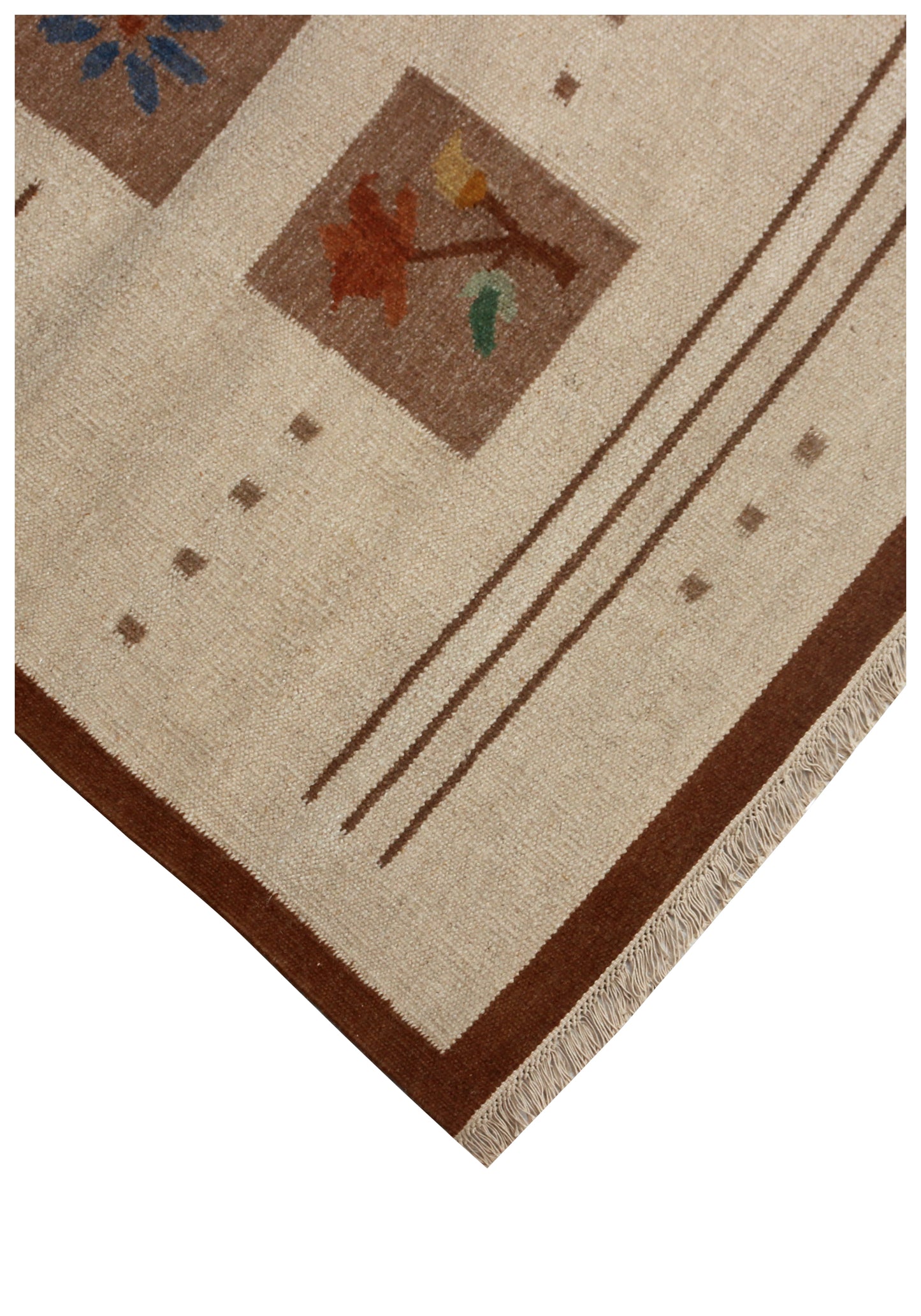 Handwoven Modern Geometrical Floral Block 4.6x6.6 Beige & Tan Flatweave Durry Rug.