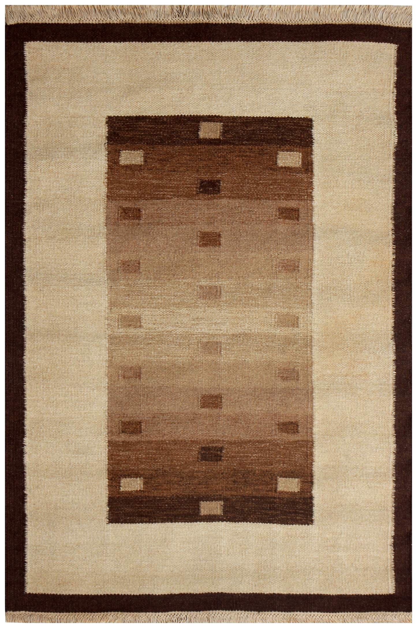Handwoven Beige & Brown 4x6 Modern Stripes Design Flatweave Durry Rug.