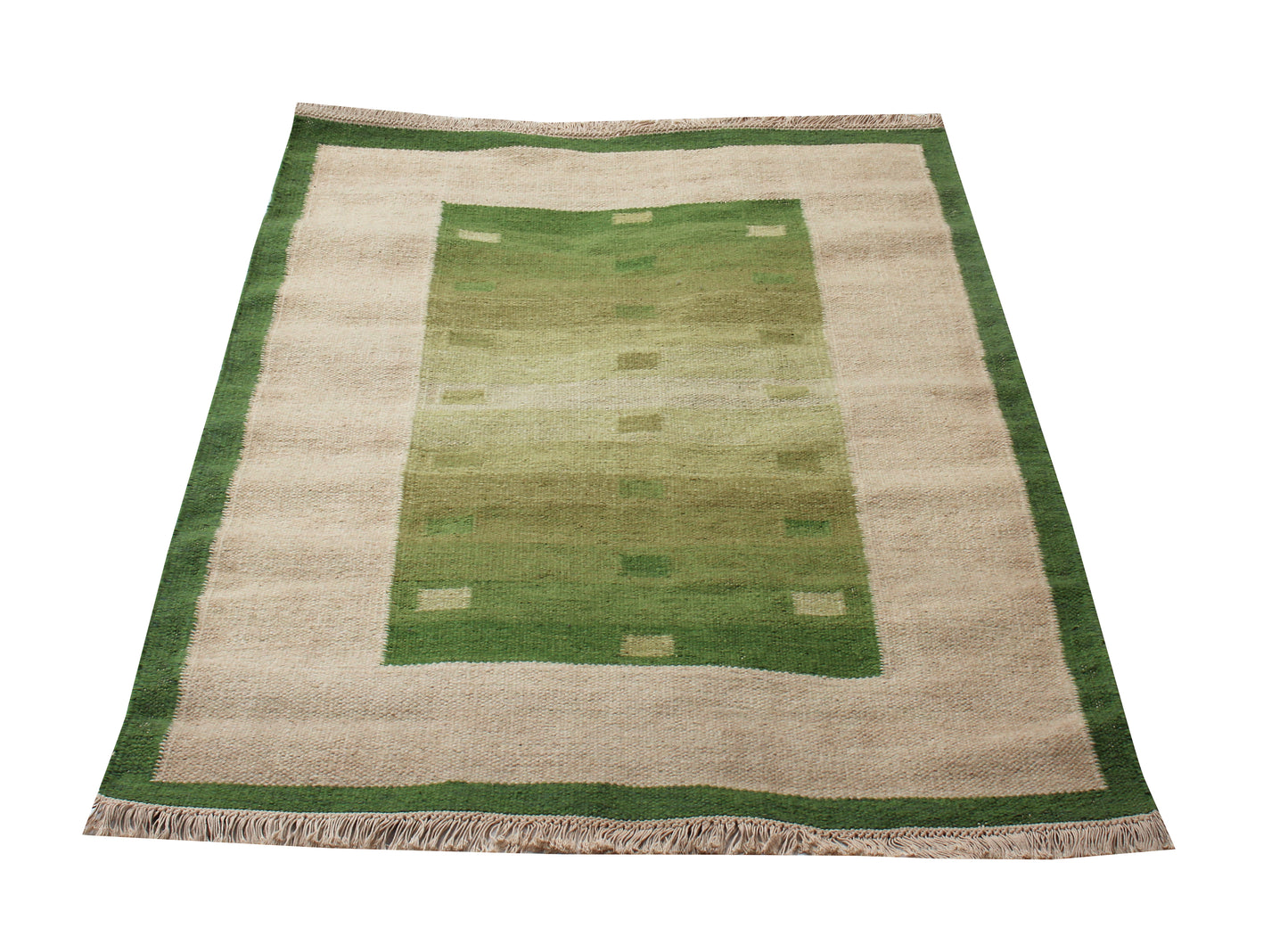 Handwoven Beige & Green 4x6 Modern Stripes Design Flatweave Durry Rug.