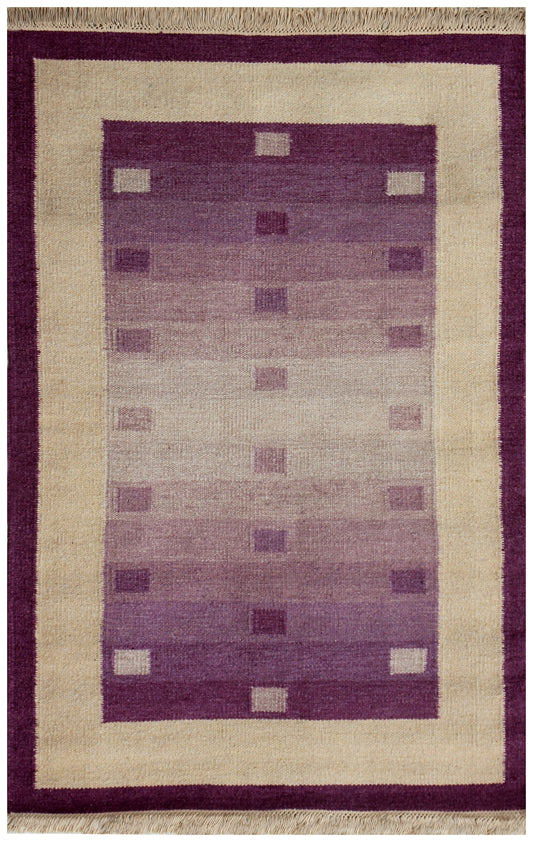 Beige and Purple Handwoven 4x6 Modern Stripes design Flatweave Durry Rug.