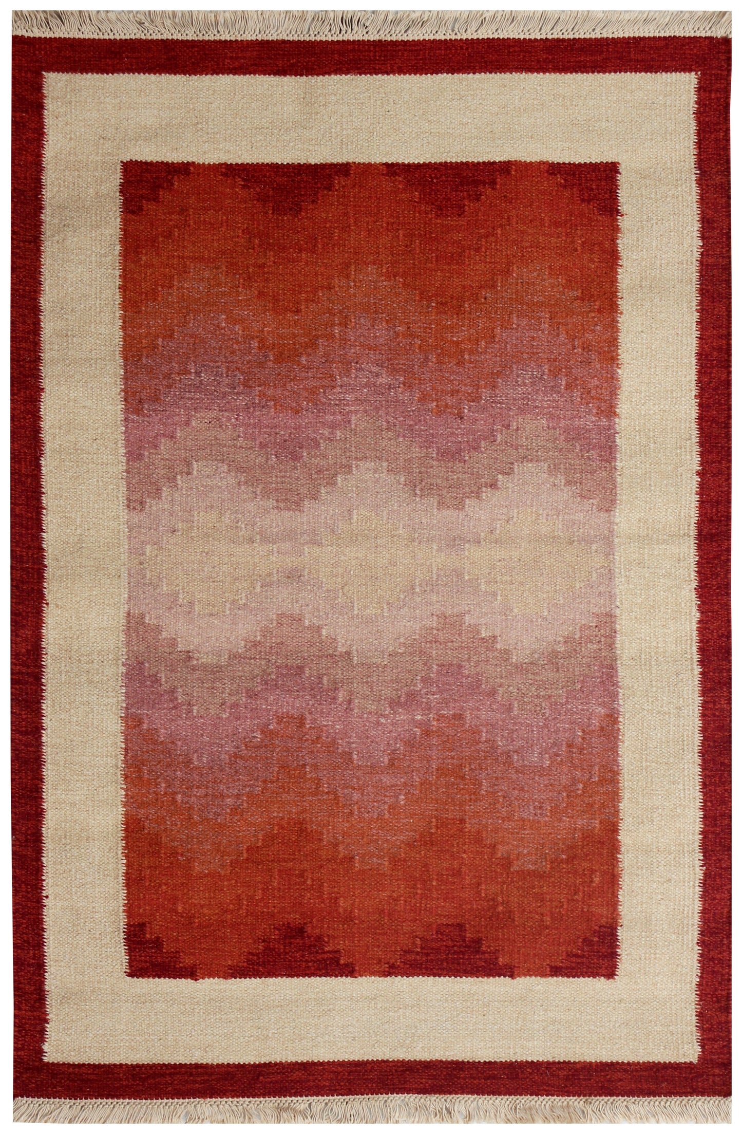 Modern Chevron Beige & Brown Wool Flatweave Rug – Handwoven 4x5.6 Durry