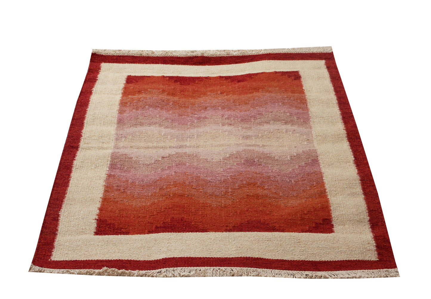 Modern Chevron Beige & Brown Wool Flatweave Rug – Handwoven 4x5.6 Durry