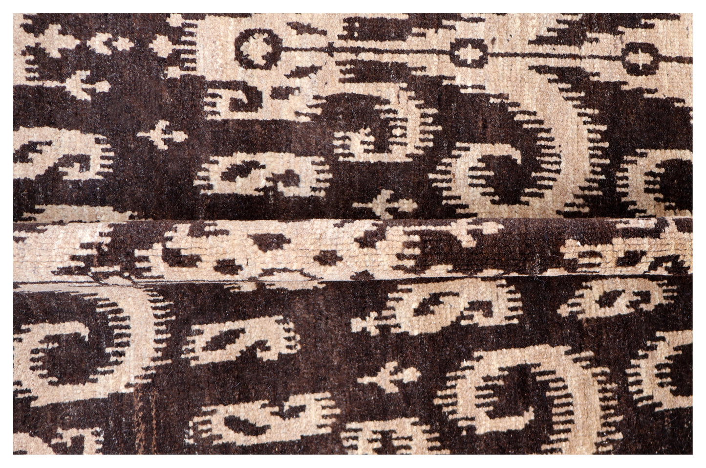 Vintage Dark Brown Ivory Beige Ikat Arabesque Scroll Hand Knotted Wool 8x10 Bhadohi Area Rug