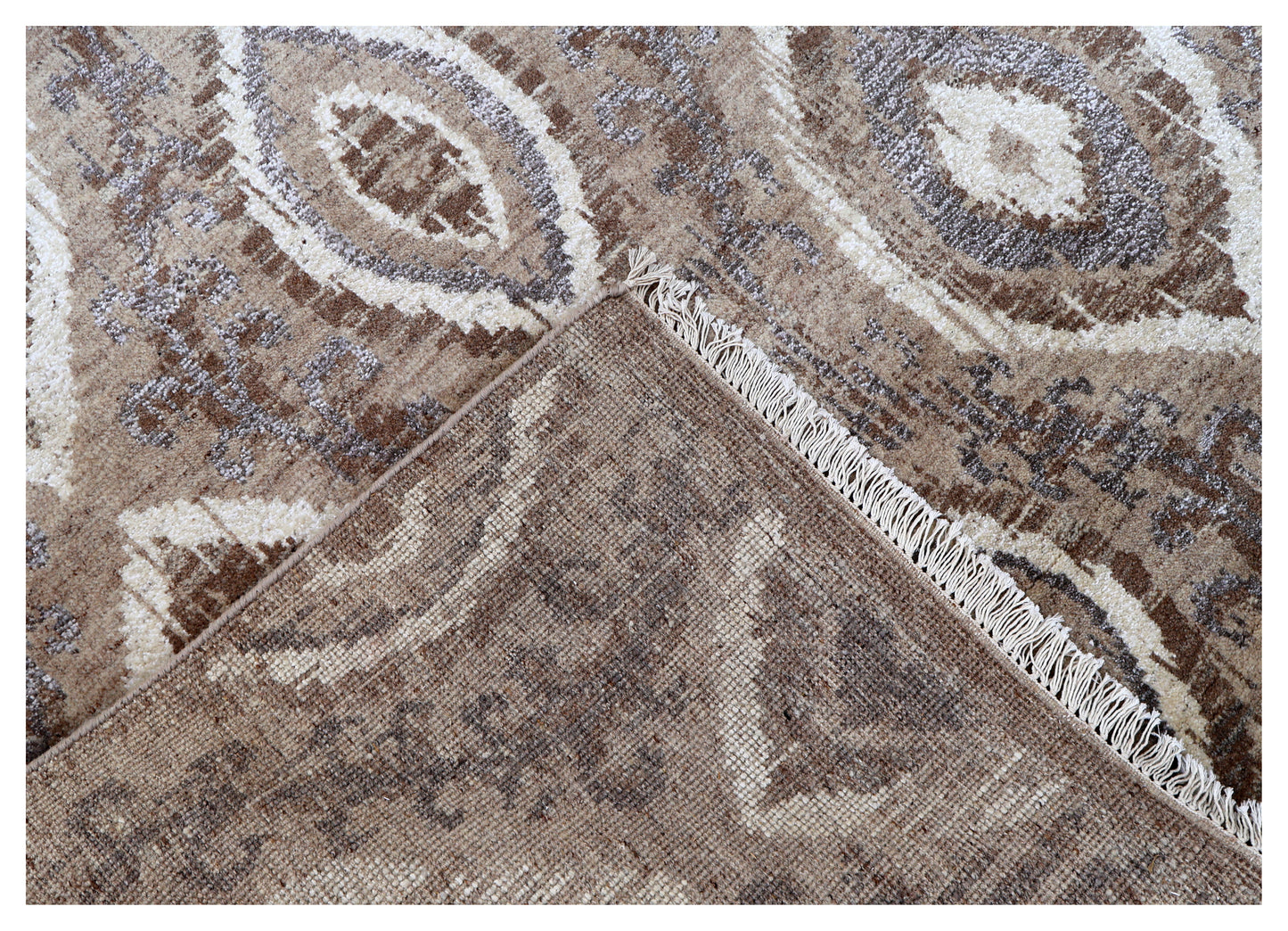 Tan Brown Ivory Blue Grey Ikat Peacock Eye Diamond Hand Knotted Wool Viscose 8x10 Bhadohi Area Rug