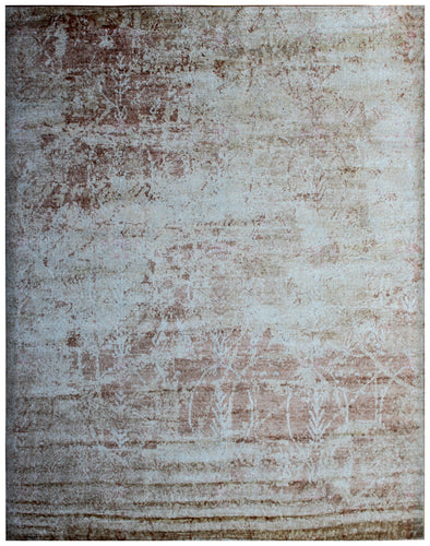 Blue Brown Beige Abstract Distressed Hand Knotted Wool Viscose Area Rug - 35 KPSI 8x10 Ready to Ship