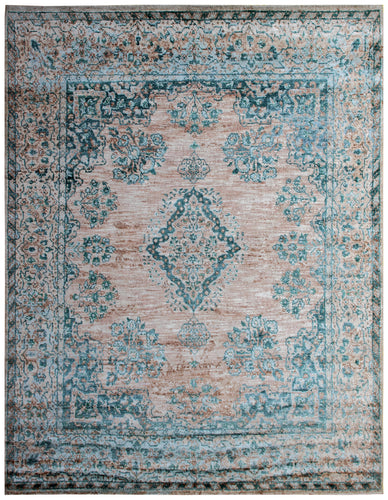 Teal Beige Vintage Distressed Medallion Border Hand Knotted Wool Viscose Area Rug - 35 KPSI 8x10 Ready to Ship