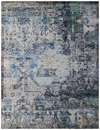 8x10 Blue Grey Abstract Distressed Hand Knotted 30 KPSI Wool Viscose Contemporary Rug