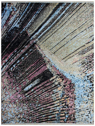 Modern Abstract Striped Hand Knotted Rug 8x10 - Black Beige Blue 30 KPSI Wool Viscose Bhadohi Rugs
