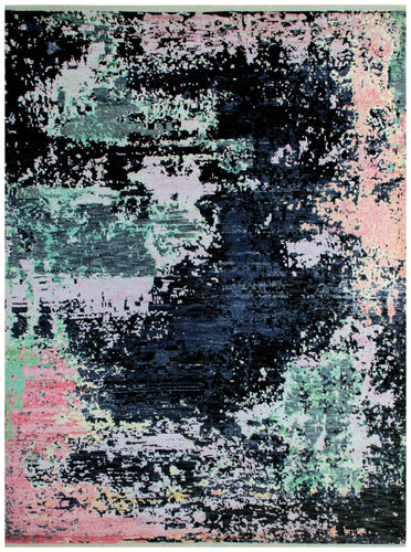 Modern Abstract Distressed Hand Knotted Rug 7.6x10.6 - Black Pink Mint 30 KPSI Wool Viscose