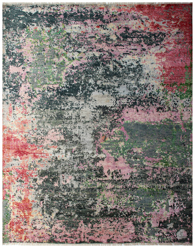 Grey Pink Green Red Hand Knotted 8x10 Vintage Antique Wool Viscose Area Rug - Abstract Distressed