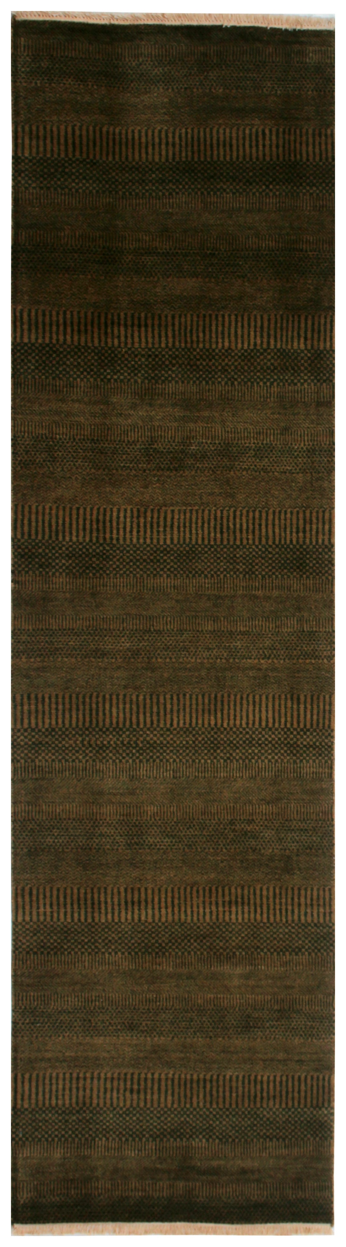 2.6x10 Hand Knotted Wool Runner Rug – Modern Olive Striped Design.