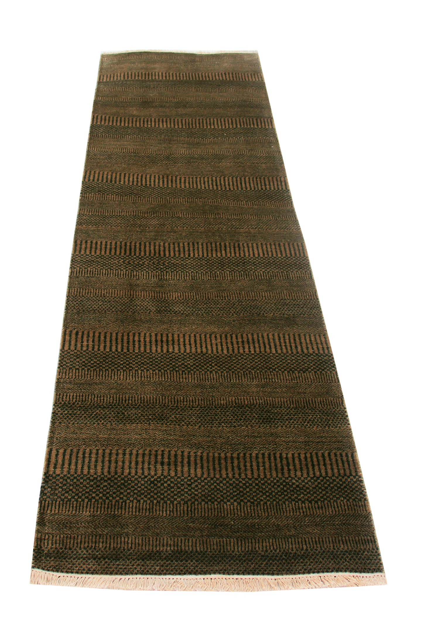 2.6x10 Hand Knotted Wool Runner Rug – Modern Olive Striped Design.