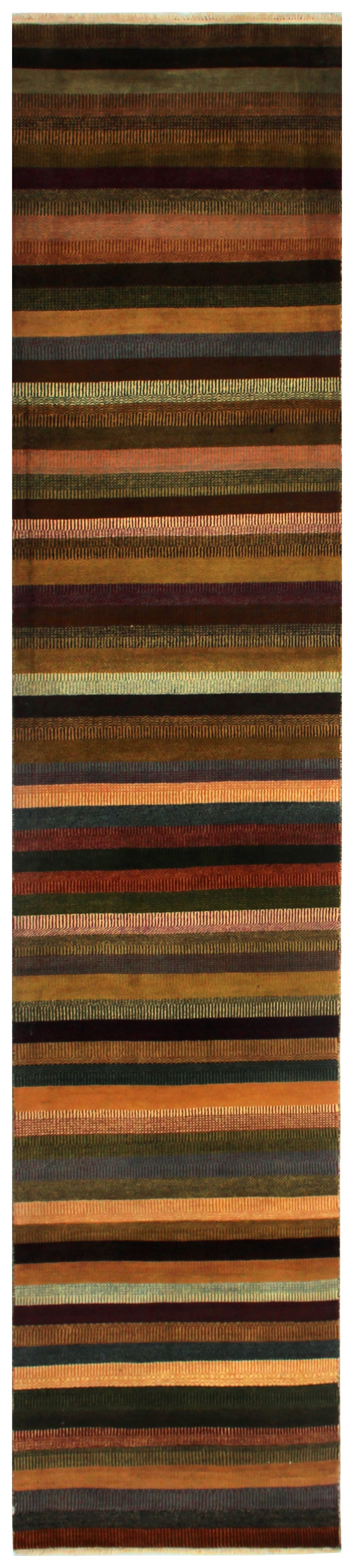 Multicolor Striped 3x16 and 3x10 Hand Knotted Wool Runner Rug.
