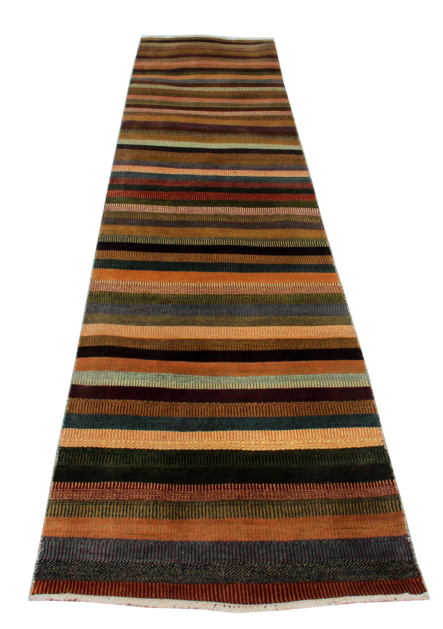 Multicolor Striped 3x16 and 3x10 Hand Knotted Wool Runner Rug.