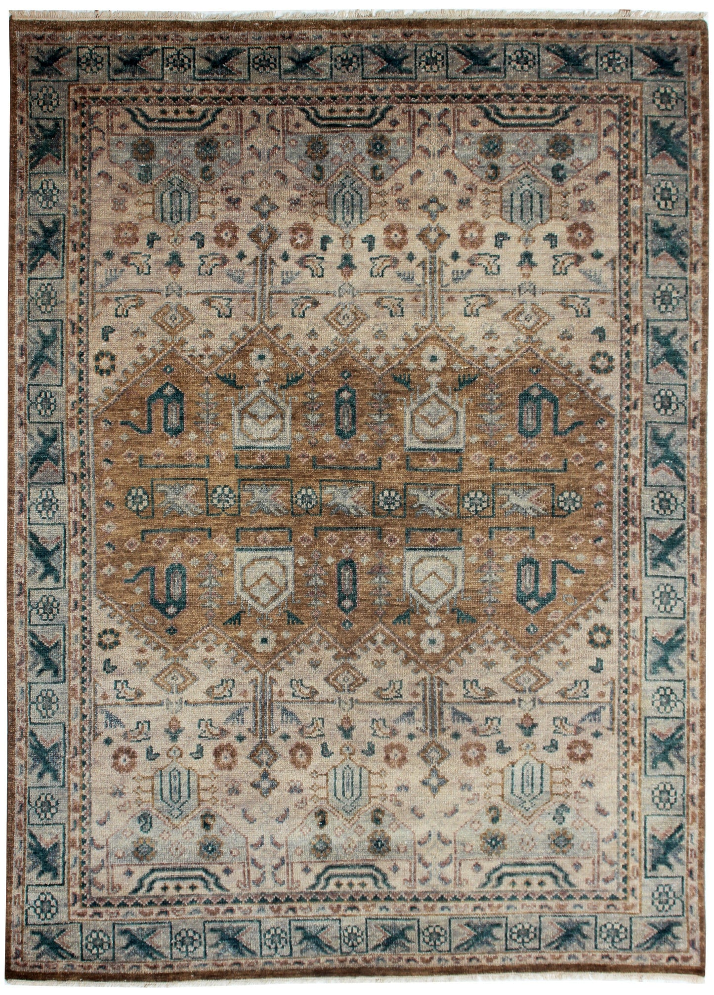 Vintage Style Rust, Beige, Brown and Teal 7.6x10 Traditional Oriental Oushak Hand Knotted Wool Area Rug.