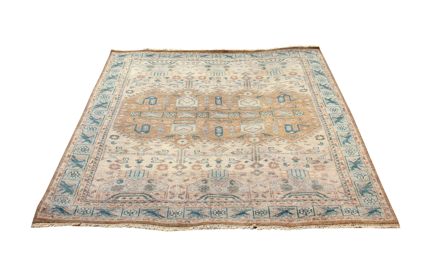Vintage Style Rust, Beige, Brown and Teal 7.6x10 Traditional Oriental Oushak Hand Knotted Wool Area Rug.