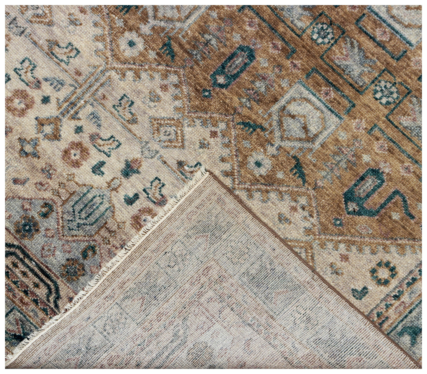 Vintage Style Rust, Beige, Brown and Teal 7.6x10 Traditional Oriental Oushak Hand Knotted Wool Area Rug.
