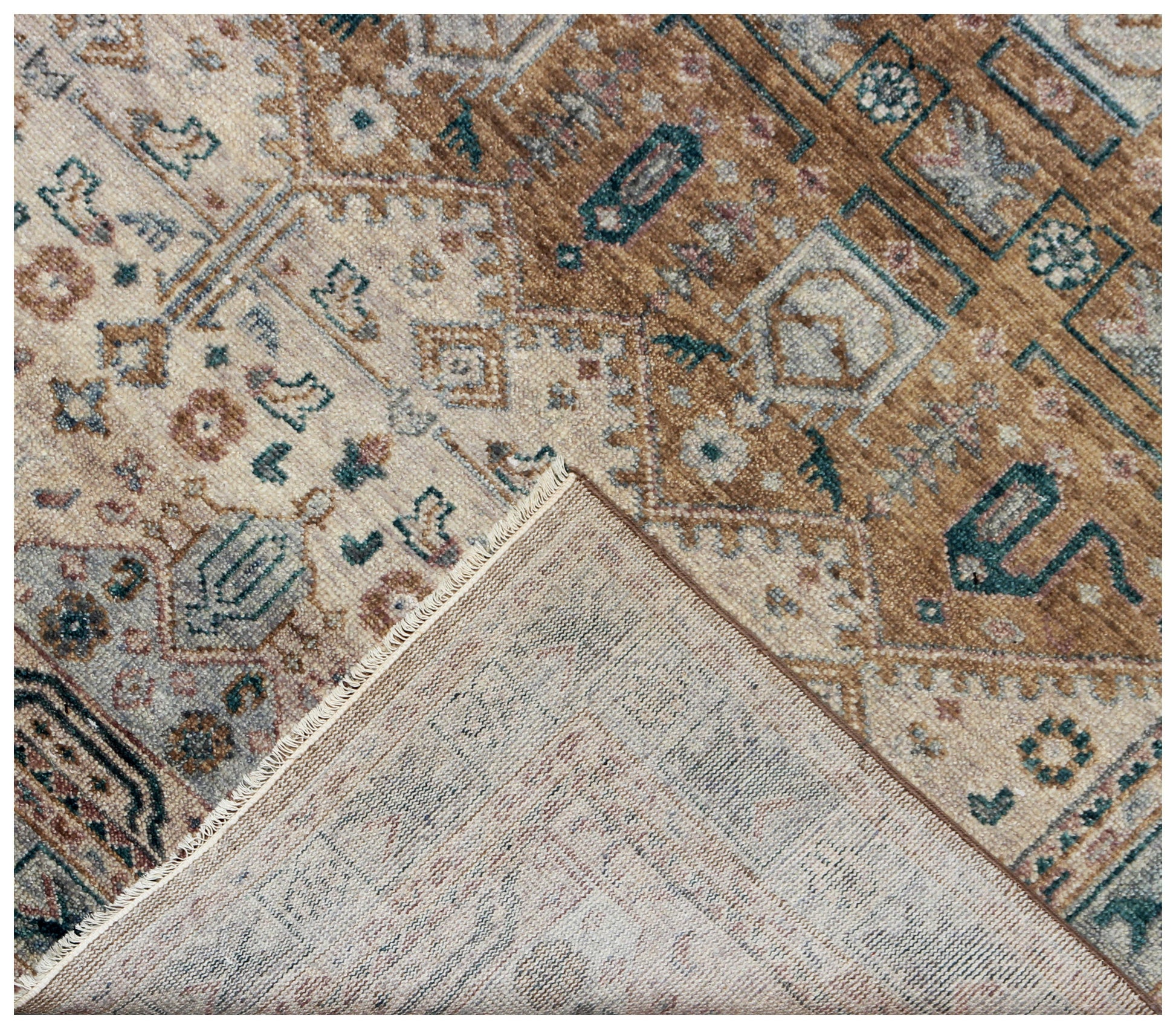 Vintage Style Rust, Beige, Brown and Teal 7.6x10 Traditional Oriental Oushak Hand Knotted Wool Area Rug.