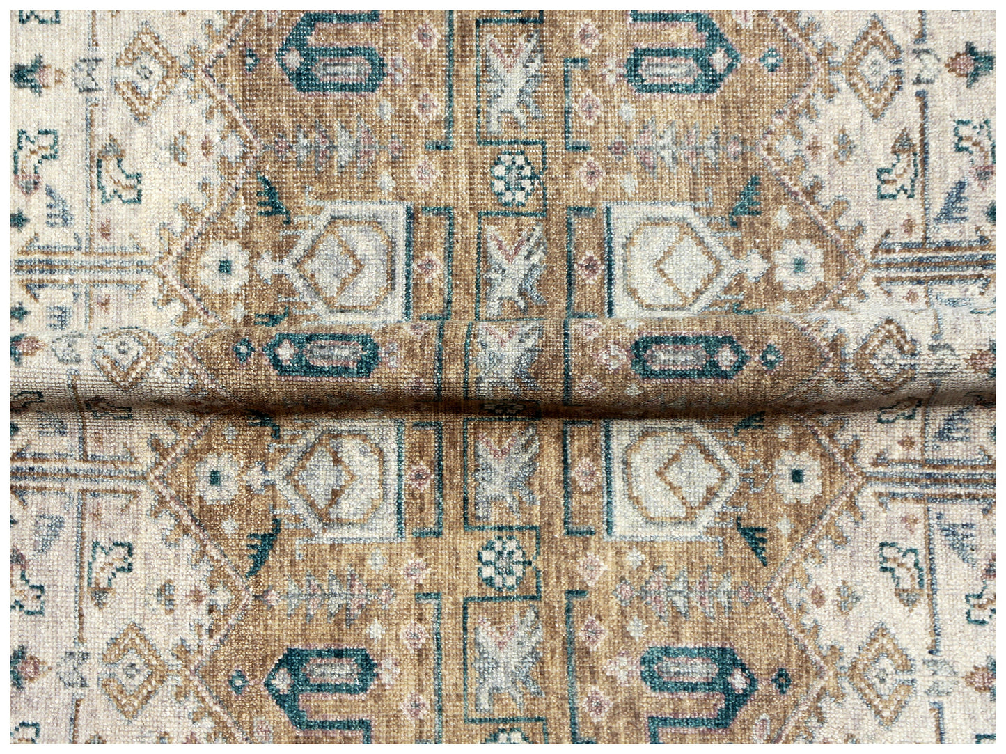 Vintage Style Rust, Beige, Brown and Teal 7.6x10 Traditional Oriental Oushak Hand Knotted Wool Area Rug.