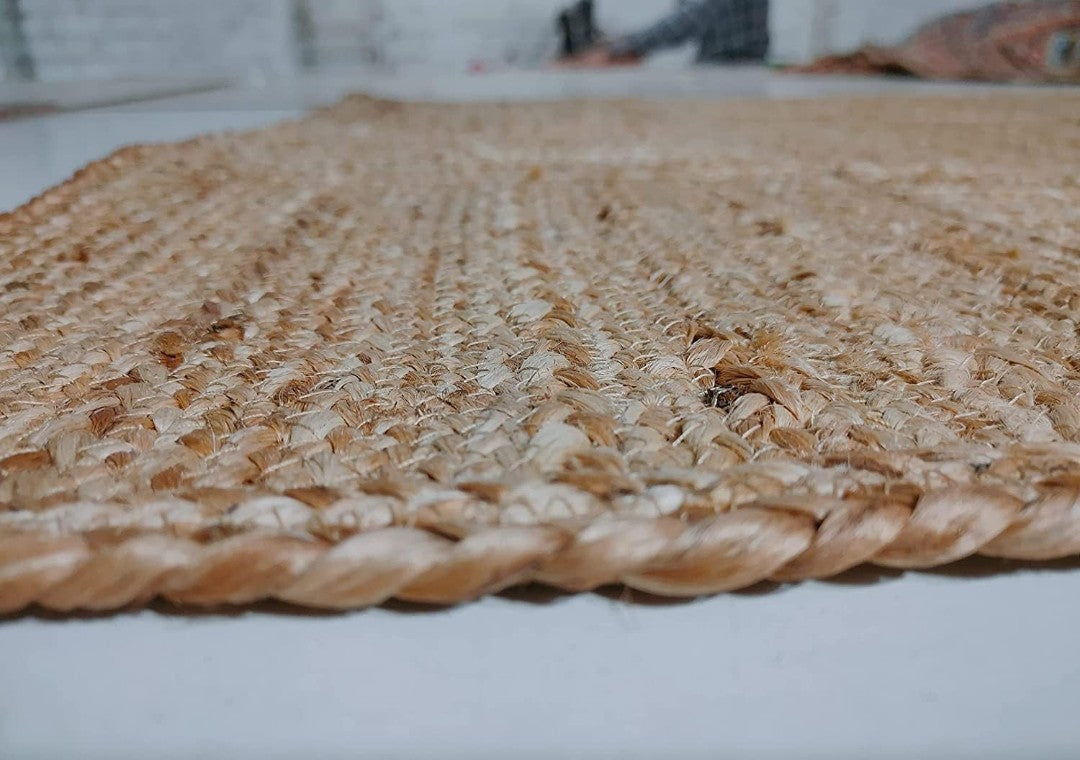 Hand Braided Natural Beige Basketweave Rug - Jute Cotton Flat Weave Area Rug