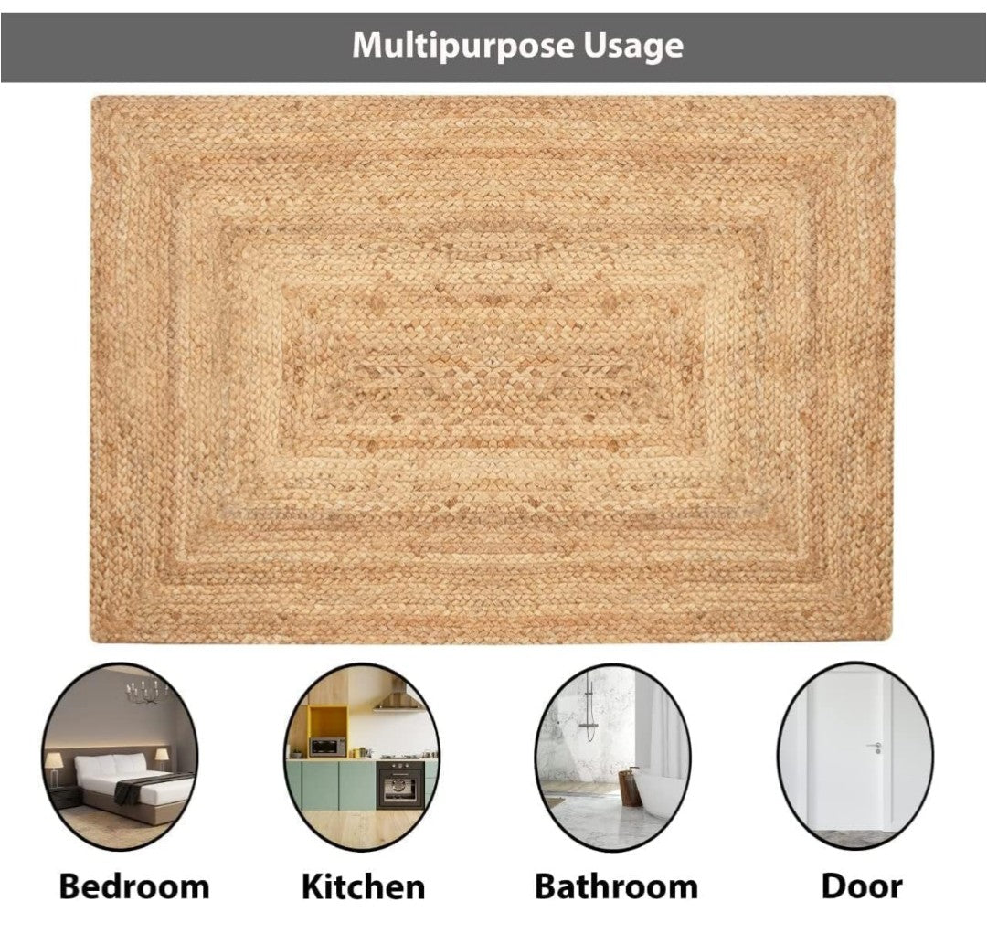 Hand Braided Oval Rug - Natural Beige Golden Brown Jute Cotton 8x10