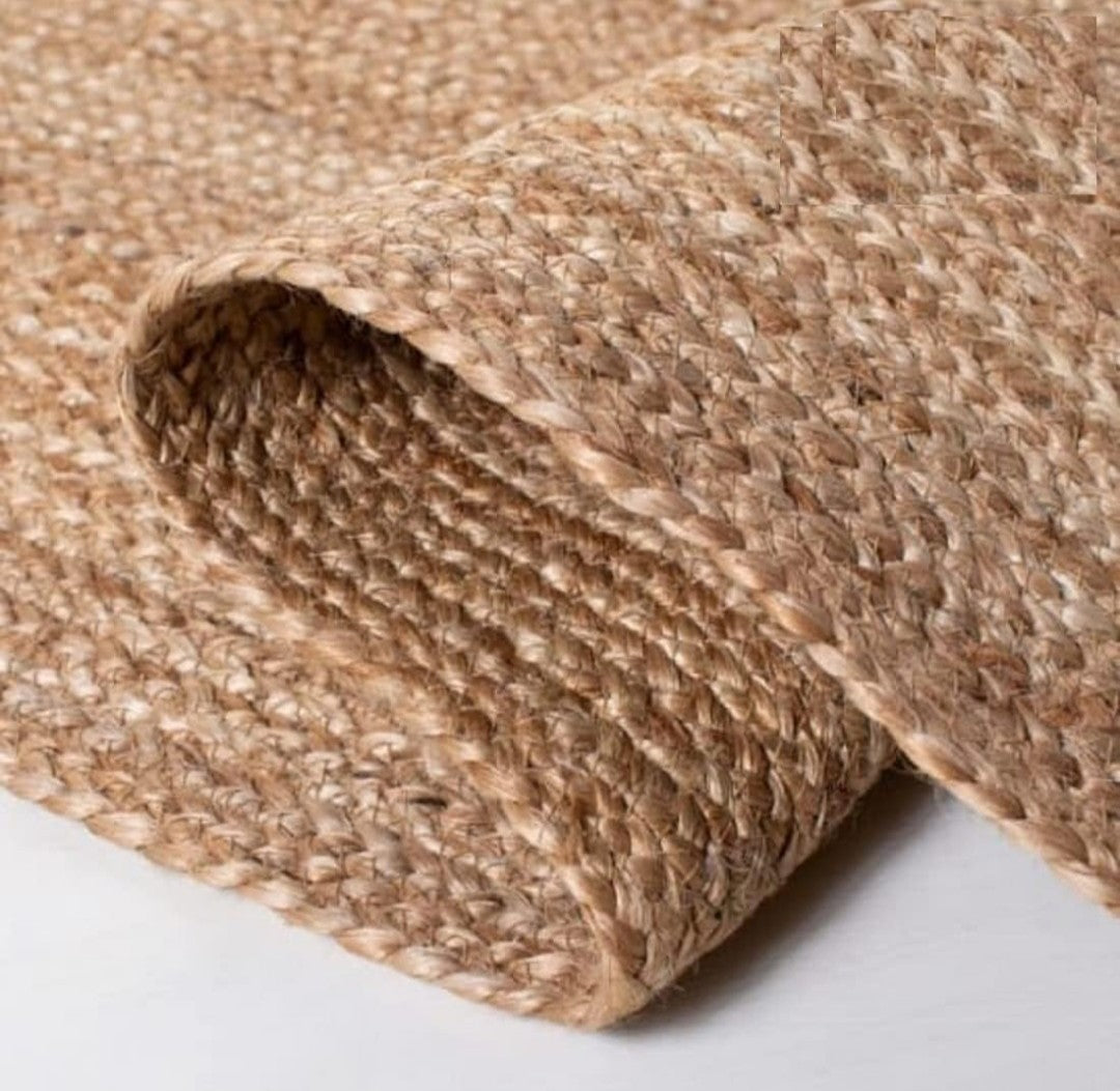 Hand Braided Oval Rug - Natural Beige Golden Brown Jute Cotton 8x10