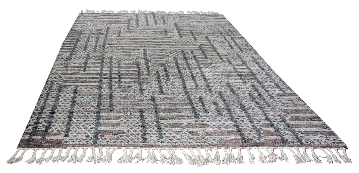 Hand Knotted Brown Ivory Charcoal Striped Rug - Hand Carved Texture 5.6x8