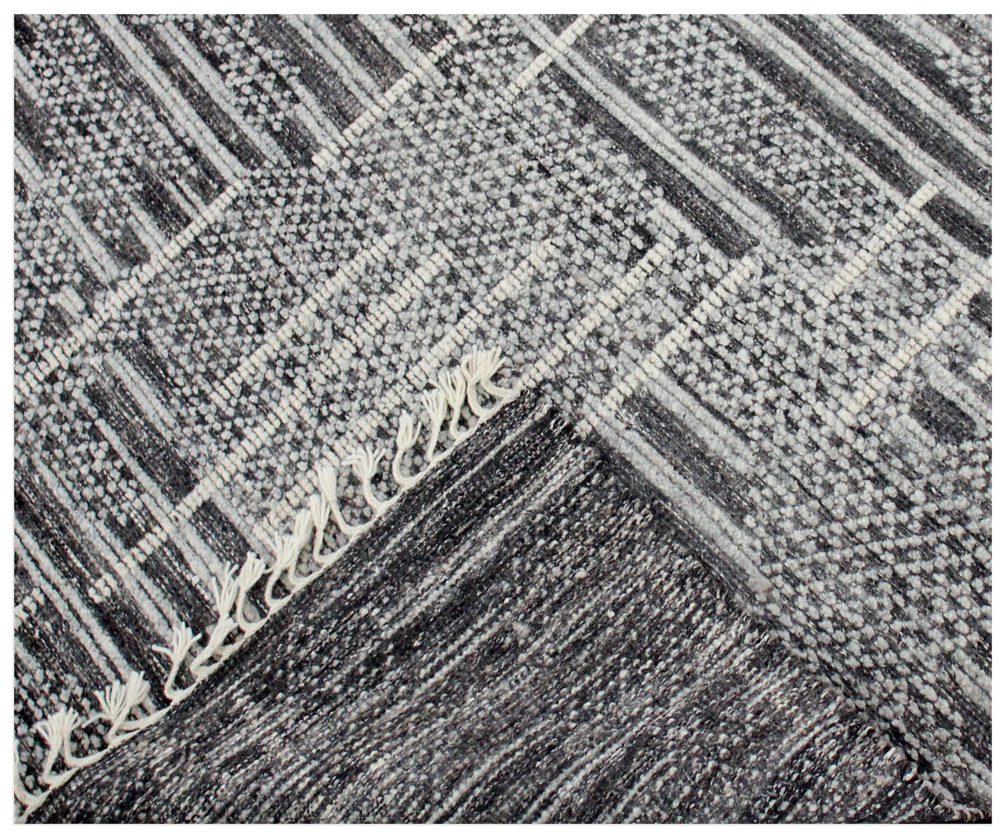 Hand Knotted Geometric Patchwork Rug - Black Gray and Ivory Area Rug 5x8.6 Feet