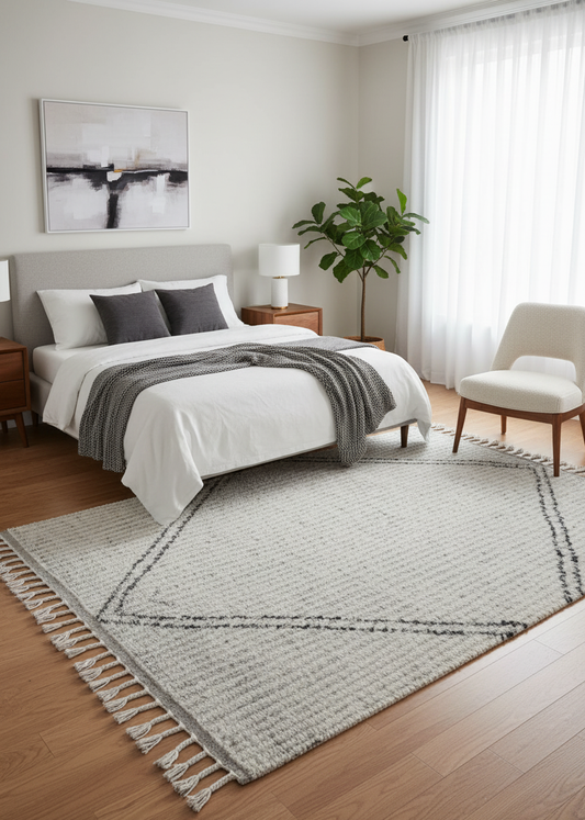 Hand Knotted Gray Ivory Black Modern Striped Rug - Hand Carved Texture 5.6x8