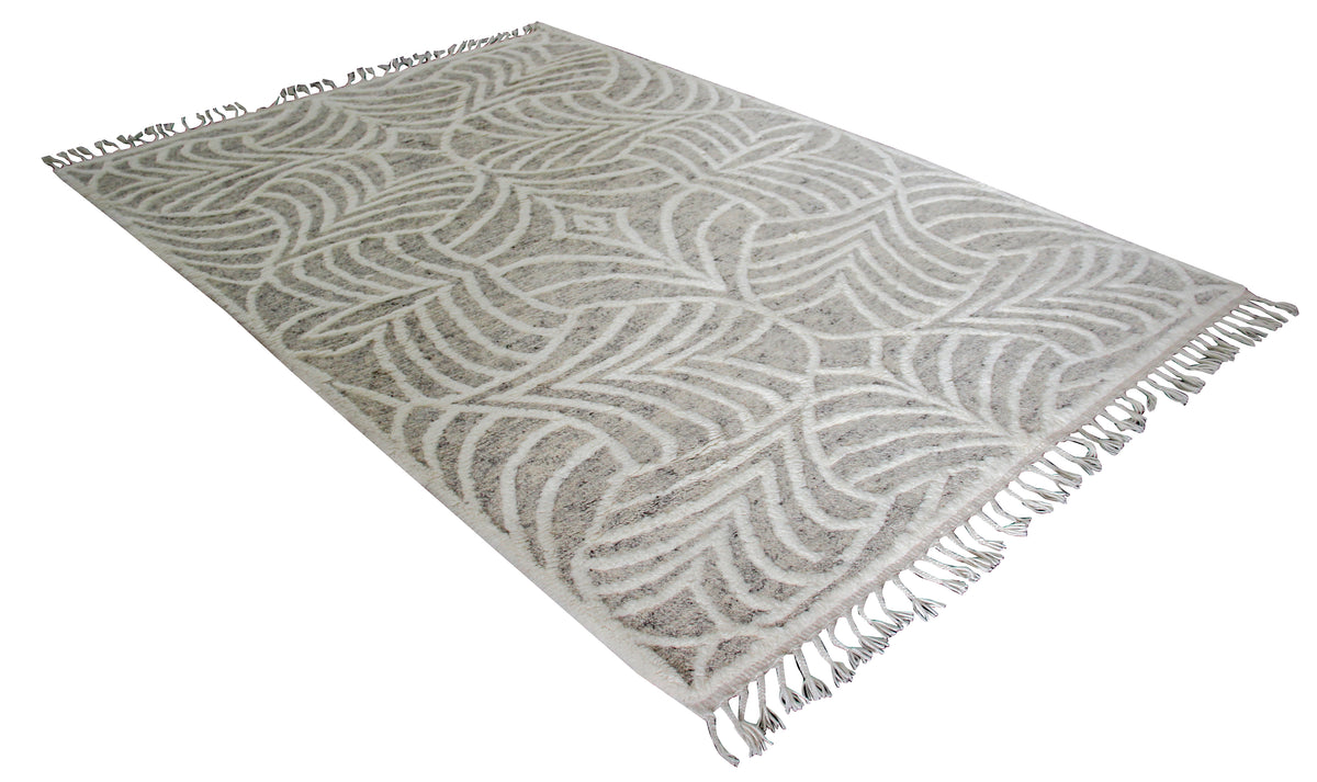 Hand Knotted Ivory Beige Gray Swirl Rug - Hand Carved Texture 5.6x8.6 Feet
